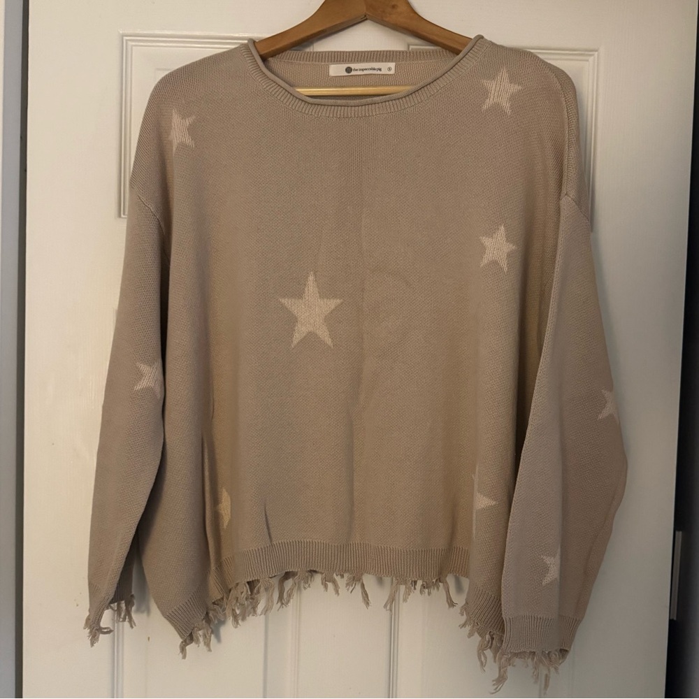 Tan Star Pattern Sweater with Fringe